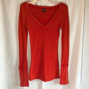 Free People Zipper Cuff Waffle Thermal Shirt Top Red Orange Rare Long Sleeve